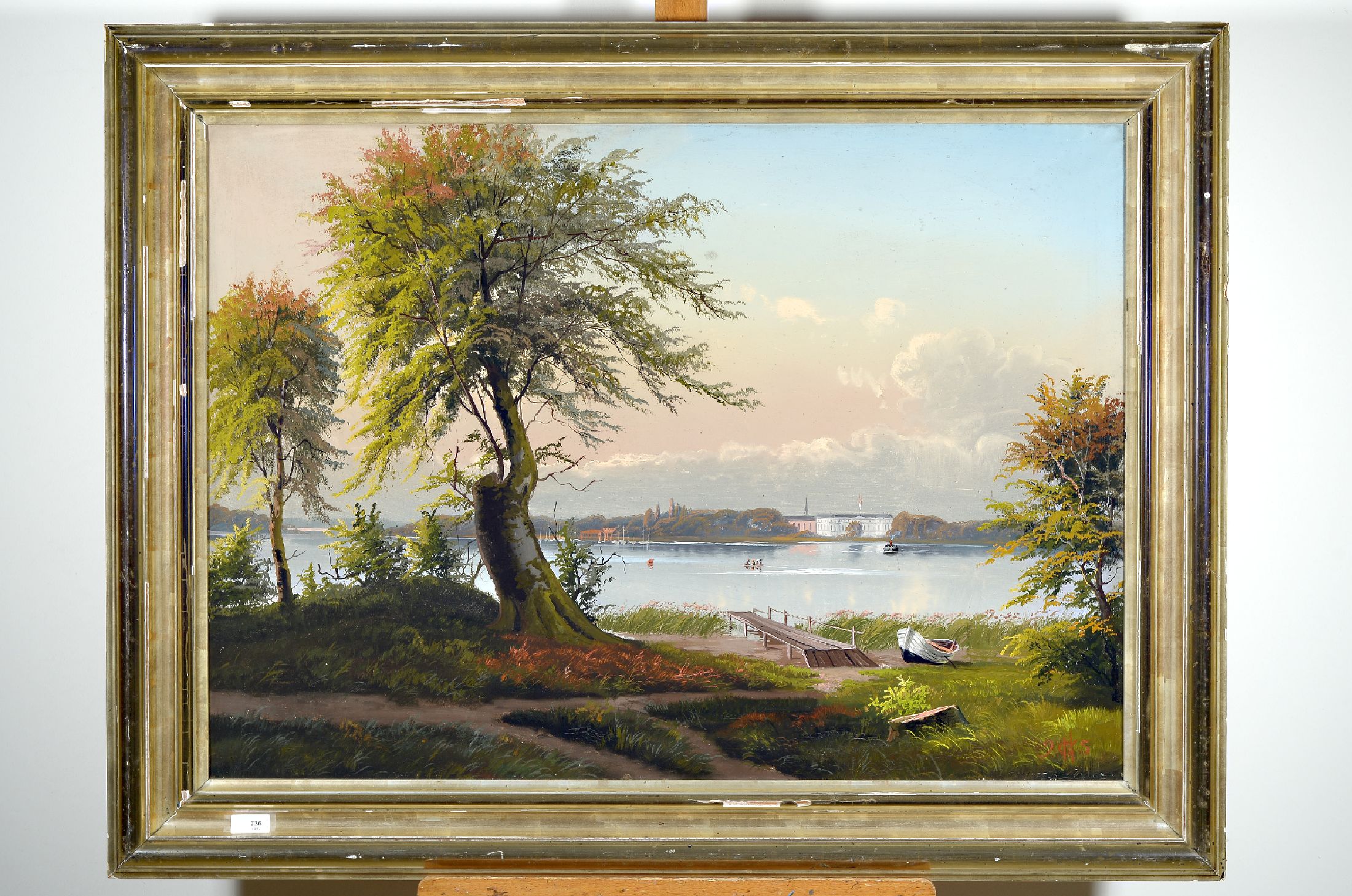 Nils Hans Christiansen, 1850-1922 dänisch, idyllische Seenlandschaft mit Blick auf ein dänisches Schloss, Dampfschiff und illustre Gesellschaft in ...
