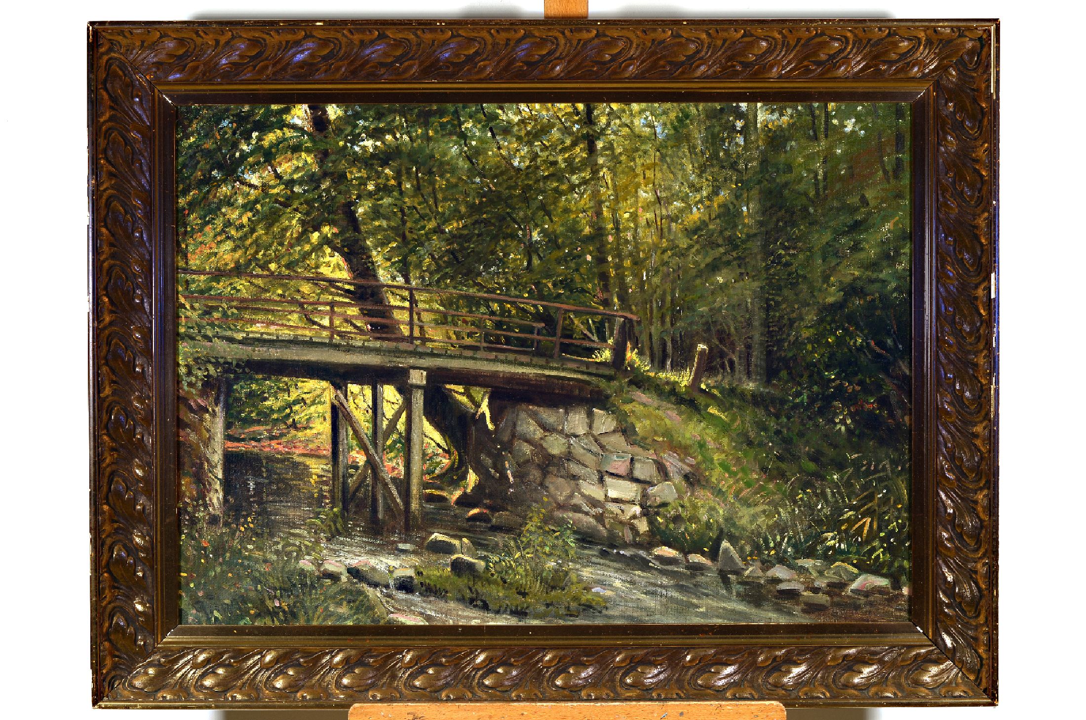 Ungedeuteter dänischer Künstler des frühen 20 .Jh., Waldinterieur mit Brücke, links unten unleserlich signiert Streith o.ä., Öl/Lwd, Rahmen ...