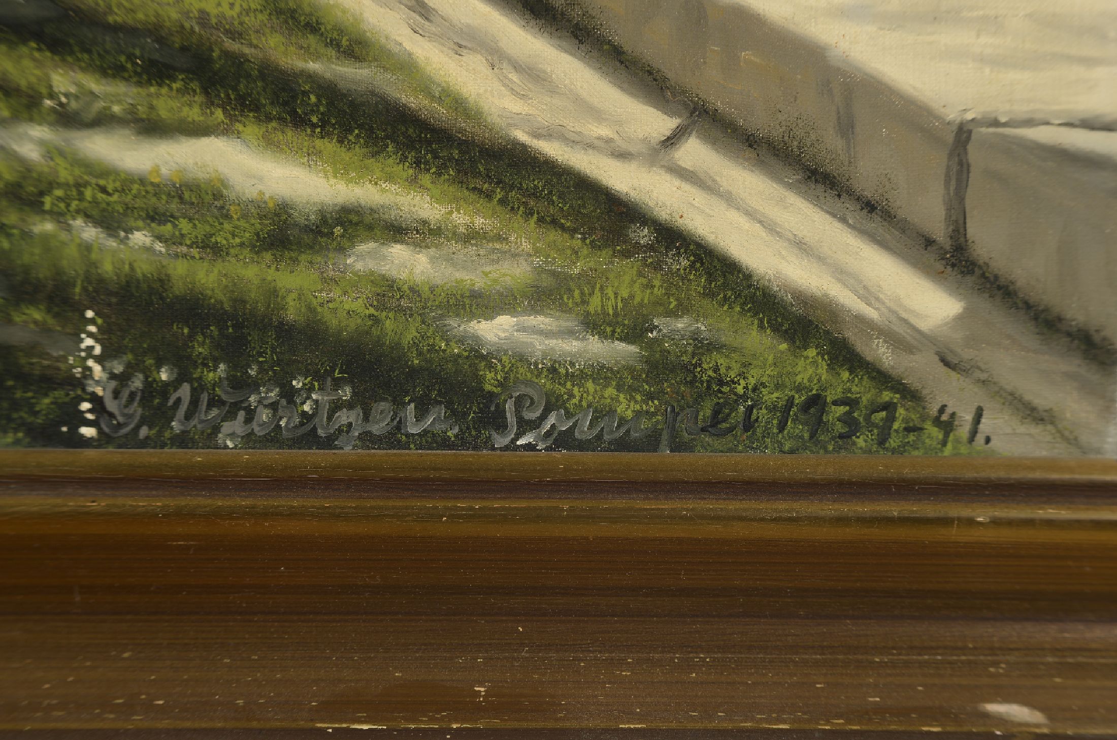 Detail a: Gustav Würtzen, geb. 1905, dänischer Künstler des 20.Jh., Ansicht eines Tempelumgangs in Pompeji, im Hintergrund der rauchende Vesuv, rechts unten ...
