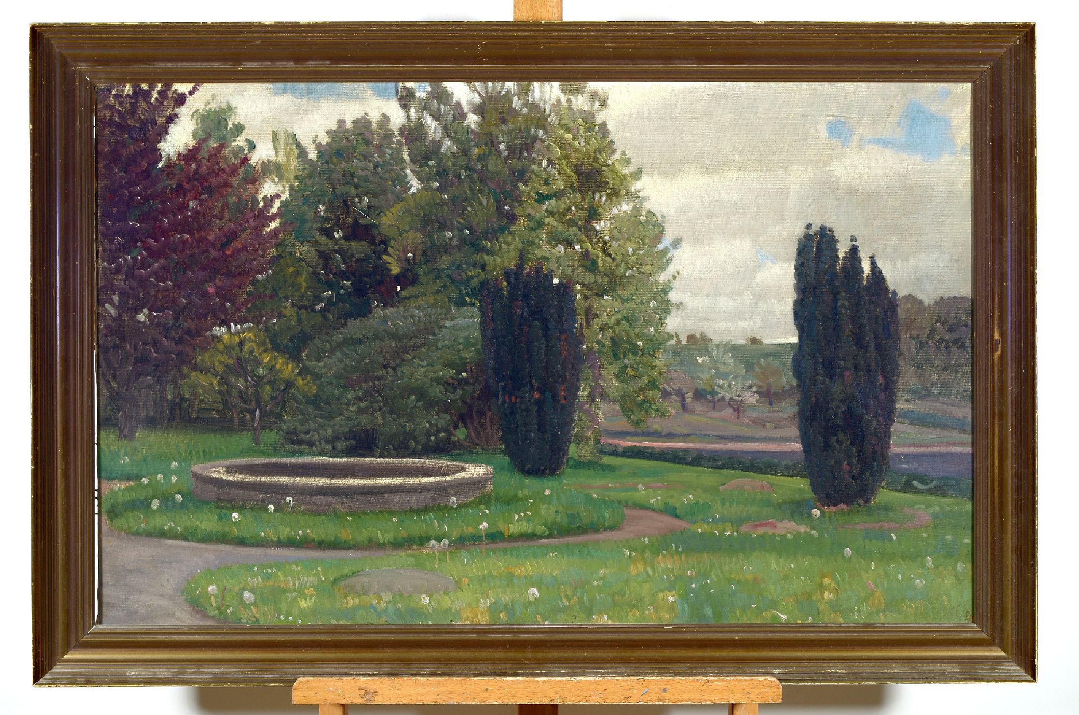 Knut Sinding, 1875-1946 dänisch, Parklandschaft mit Wasserbecken, verso auf Keilrahmen bez., Öl/Lwd, Rahmen, 68x105 cm