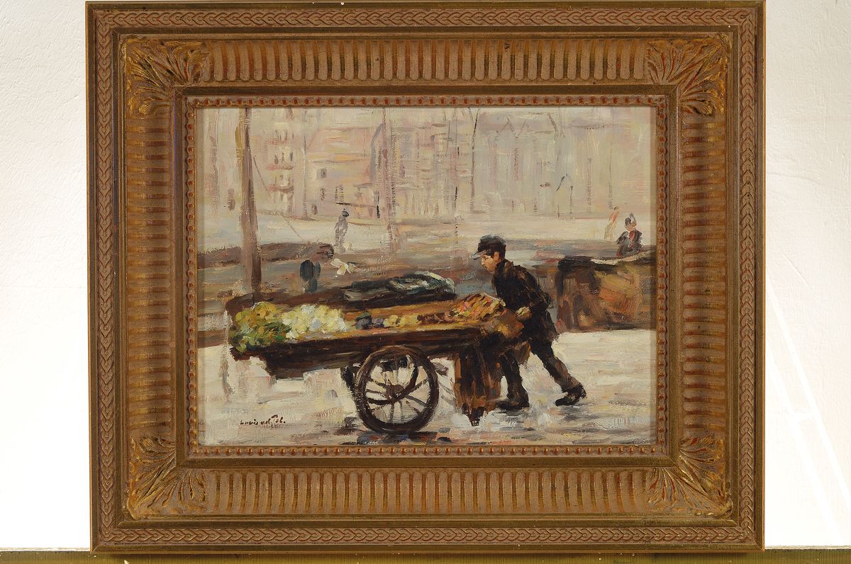 Detail k: Louis van der Pol, 1915 Amsterdam-1986 Abcoude, Marktverkäufer mit seinem Stand in verschneiter Stadt, Öl/Holz, links unten signiert, ca. 30x40cm, ...