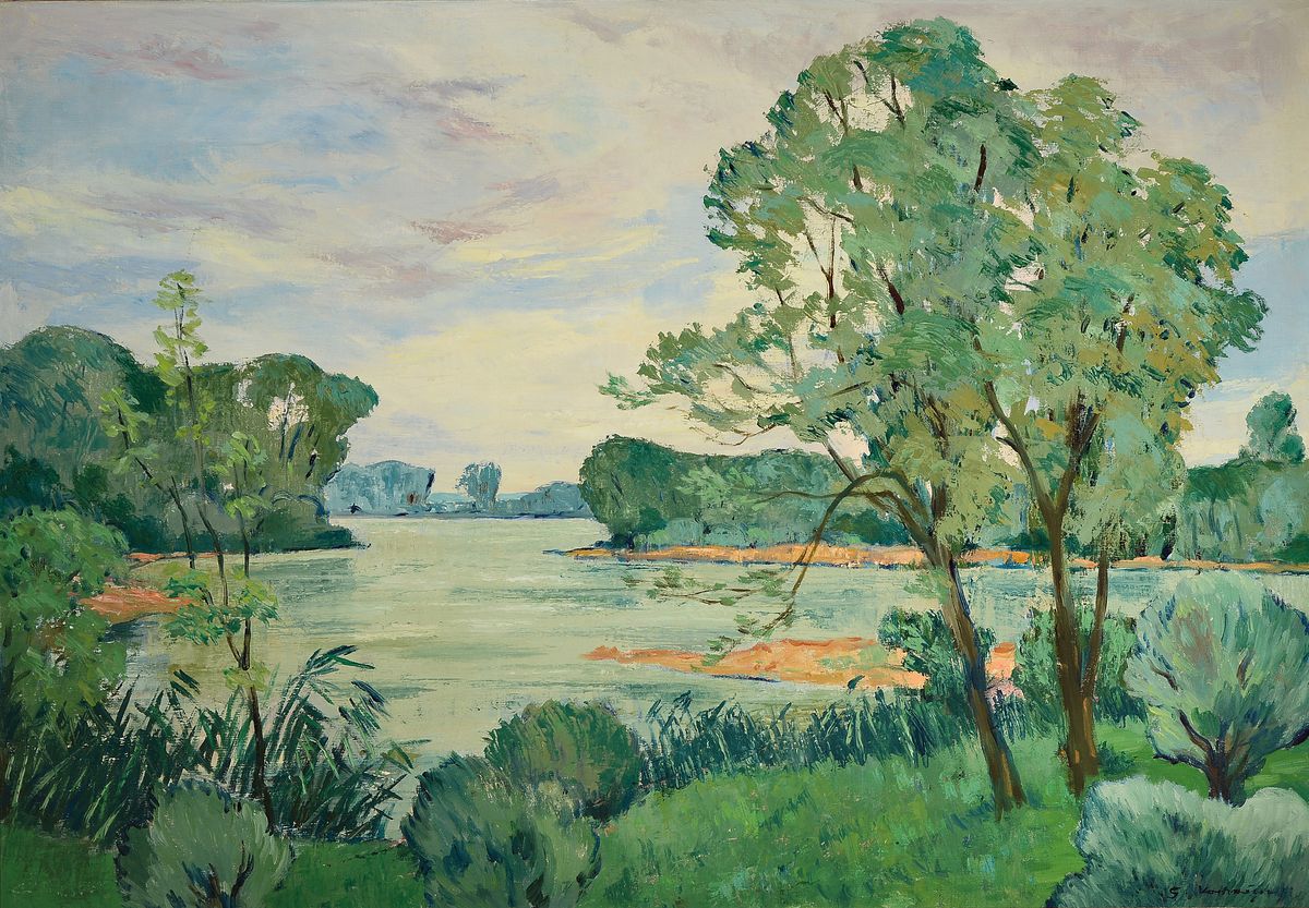 Georg Vorhauer, 1903 Paris-1981 Neustadt a.d. Weinstraße, Landschaft am Altrhein, Öl/Lwd, sign., ca. 90x130cm, R. ca. 106x146cm