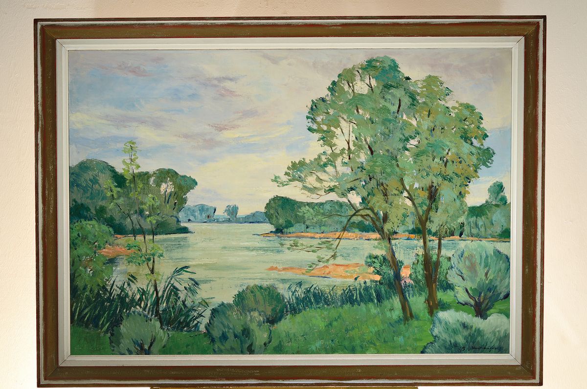 Detail k: Georg Vorhauer, 1903 Paris-1981 Neustadt a.d. Weinstraße, Landschaft am Altrhein, Öl/Lwd, sign., ca. 90x130cm, R. ca. 106x146cm