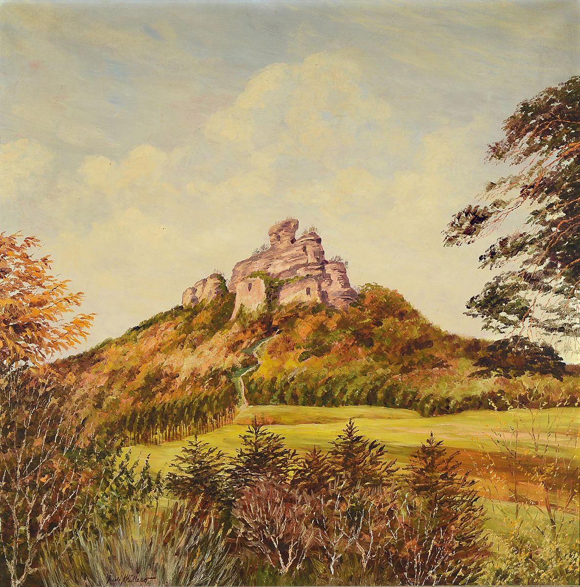 Rudi Müllers, 1895 München-1972 Heidelberg, Blick auf Burg Drachenfels bei Busenberg, nahe Dahn, Öl/Lwd, links unten signiert, ca. 80x80cm, R. ca. ...