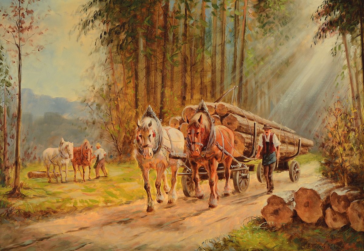 Josef Burger, 1887-1966 München, Langholzfuhrwerk am Waldrand, Öl/Lwd, rechts unten signiert, ca. 70x100cm, R. ca. 86x96cm