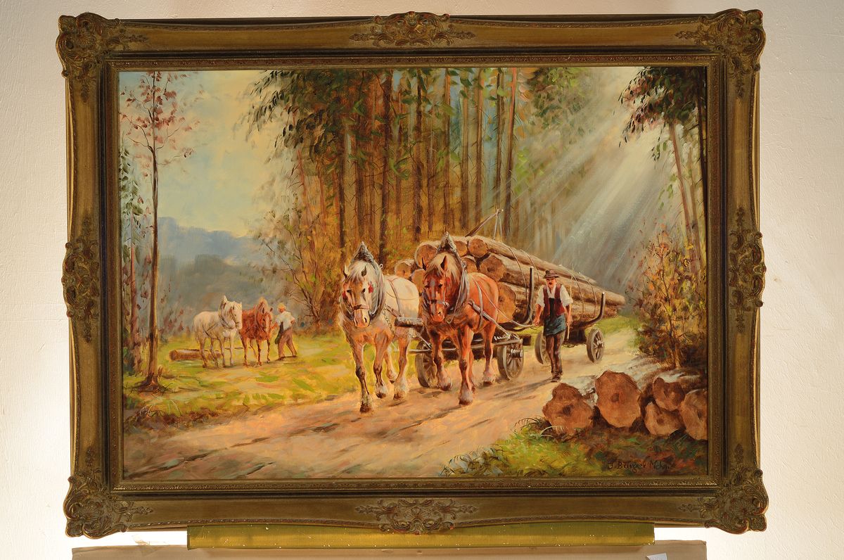 Detail k: Josef Burger, 1887-1966 München, Langholzfuhrwerk am Waldrand, Öl/Lwd, rechts unten signiert, ca. 70x100cm, R. ca. 86x96cm