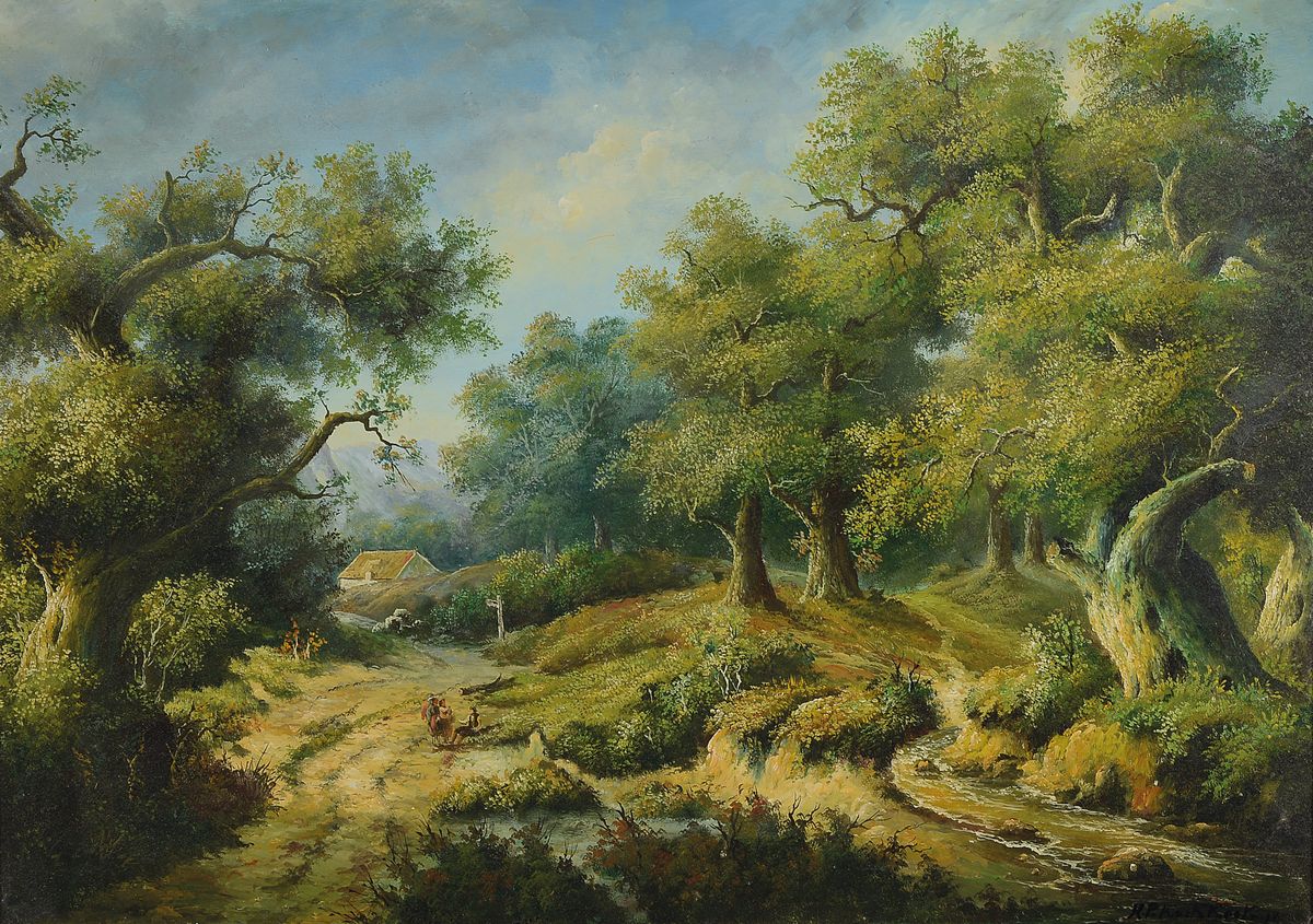 Hendrik Pieter Koekkoek, 1843 Hilversum-nach 1890 England, Waldlandschaft mit Personen und Hütte, Öl/Holz, rechts unten signiert, ca. 50x70cm, R. ...