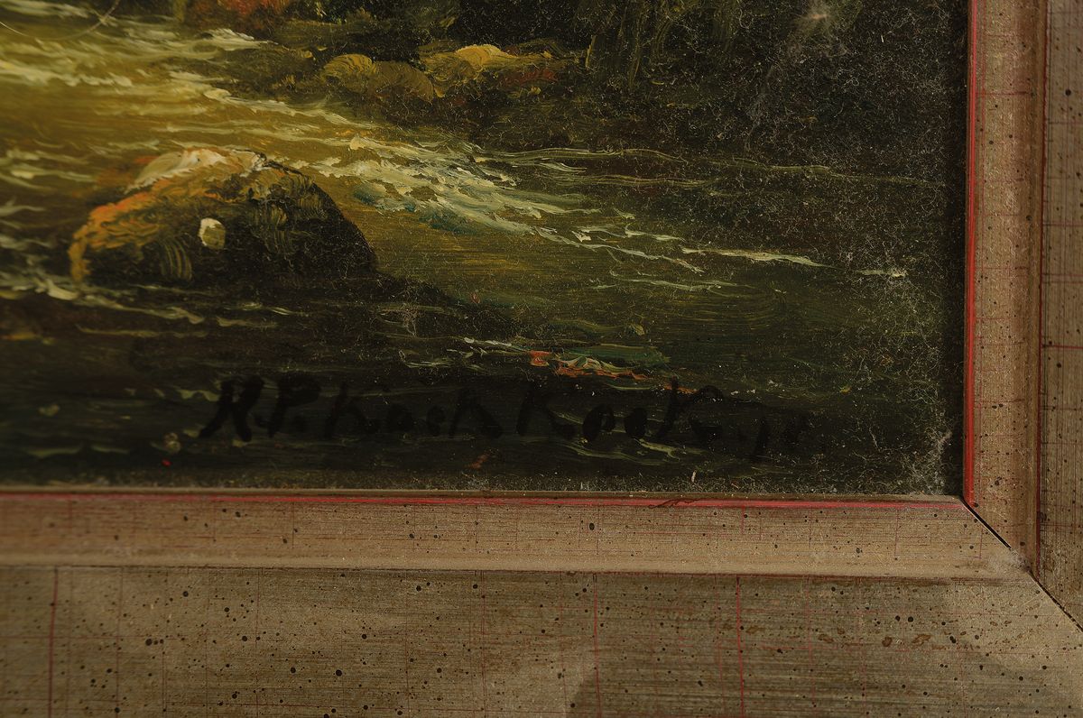 Detail a: Hendrik Pieter Koekkoek, 1843 Hilversum-nach 1890 England, Waldlandschaft mit Personen und Hütte, Öl/Holz, rechts unten signiert, ca. 50x70cm, R. ...