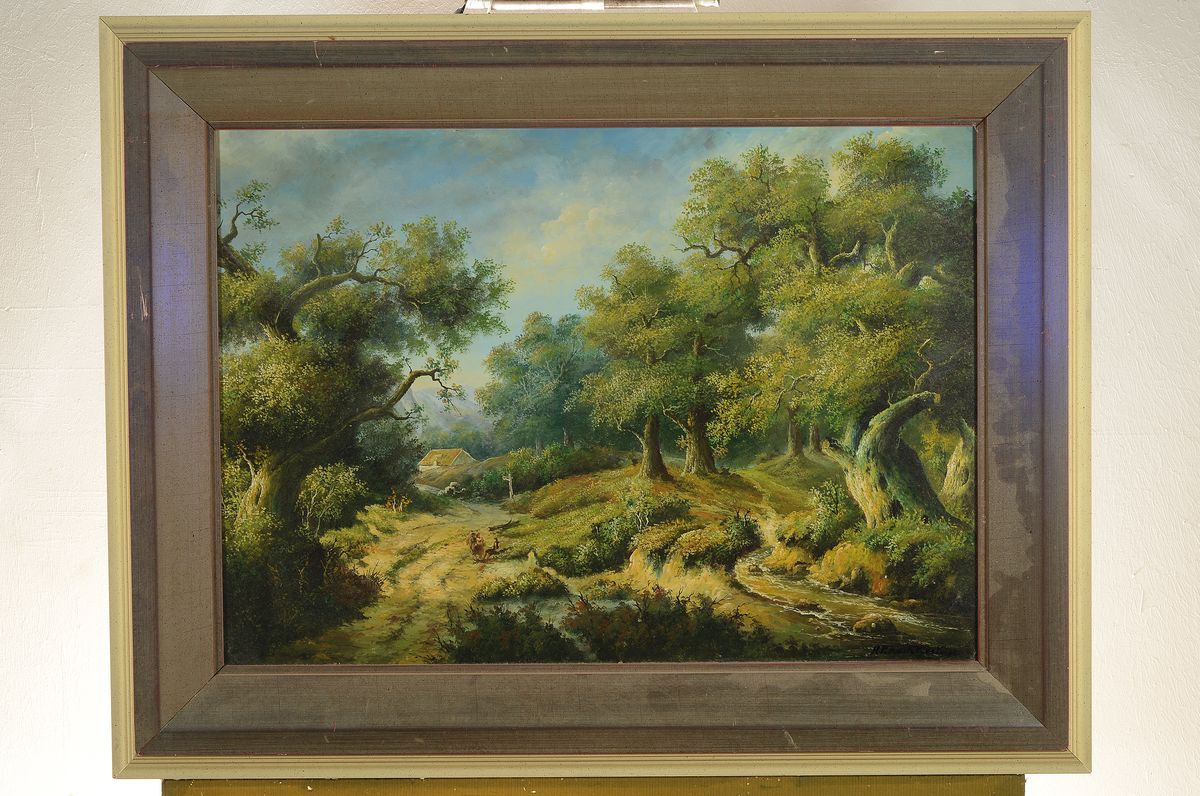 Detail k: Hendrik Pieter Koekkoek, 1843 Hilversum-nach 1890 England, Waldlandschaft mit Personen und Hütte, Öl/Holz, rechts unten signiert, ca. 50x70cm, R. ...