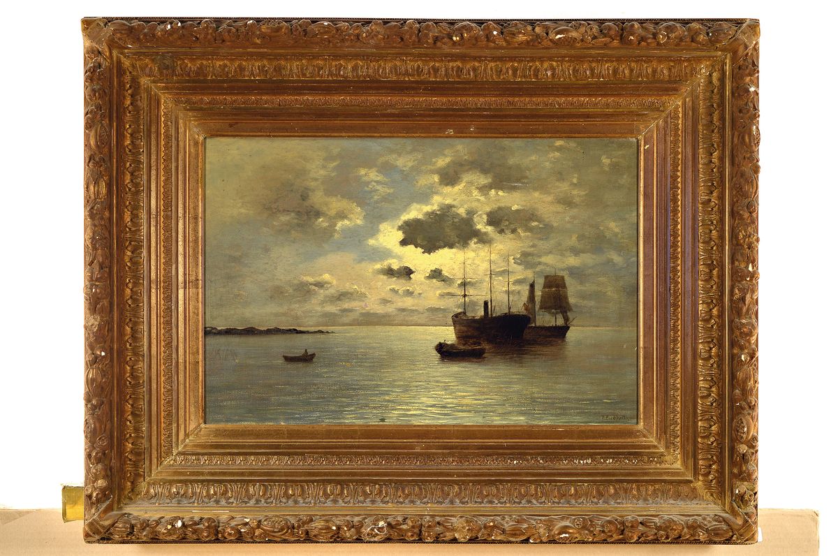 Detail k: H. Buchholtz, Maler der 2. Hälfte des 19. Jh., Segelschiffe auf ruhiger See im Mondlicht, Öl/Lwd, rechts unten signiert, ca. 33x50cm, R. ca. 59x75cm
