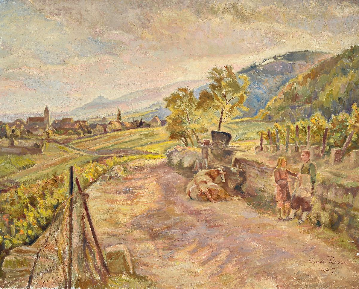 Gustav Rossi, 1898 Speyer-1976 Gimmeldingen, Landschaft bei Gimmeldingen, Öl/Lwd, rechts unten signiert und dat. 1947, ca. 75x95cm, R. ca.