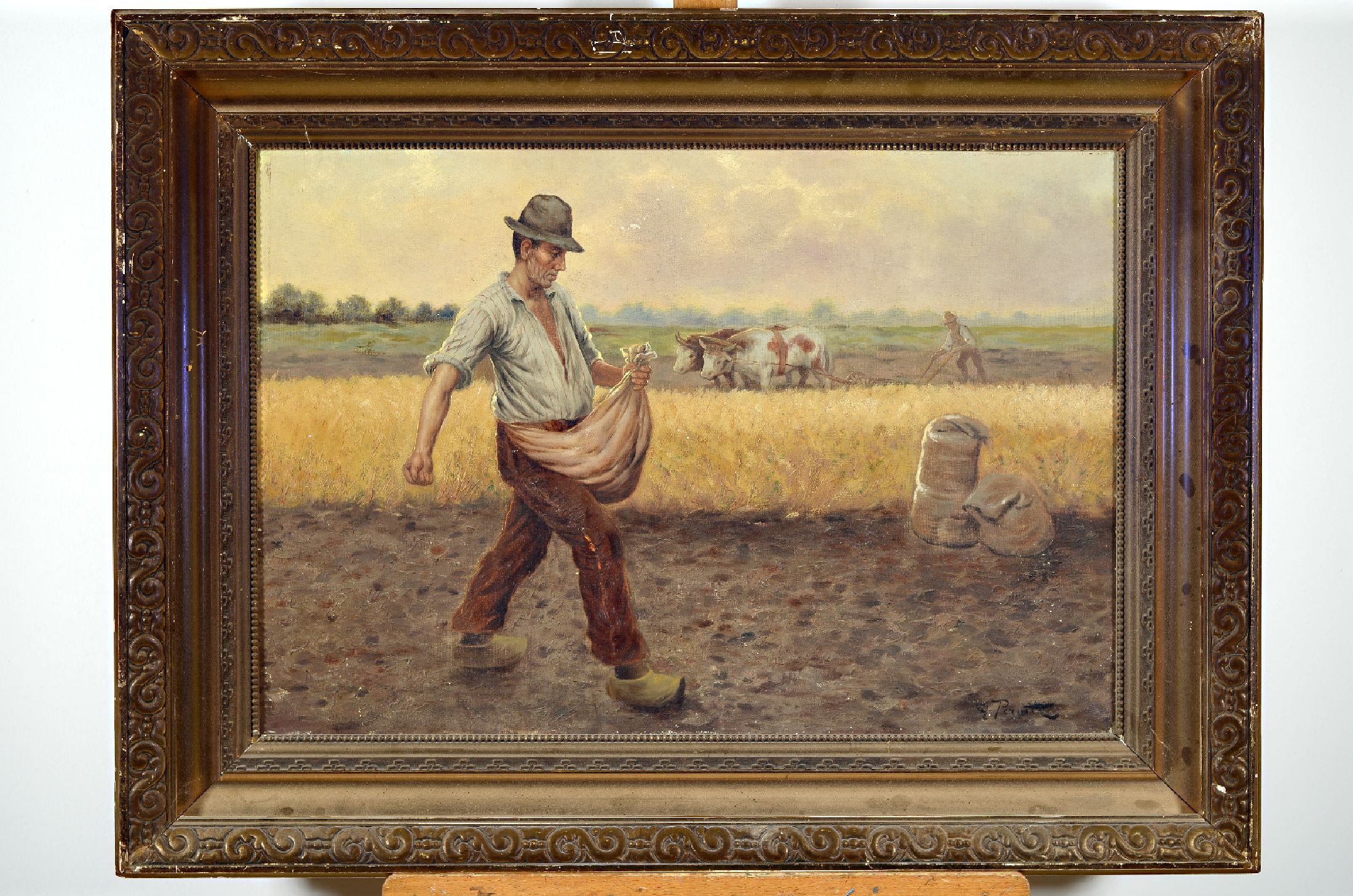 Ungedeuteter dänischer Künstler um 1900, Sähmann auf dem Felde, rechts unten signiert G. Pernitt(?), Öl/Lwd, l. besch., Rahmen, 70x90 cm