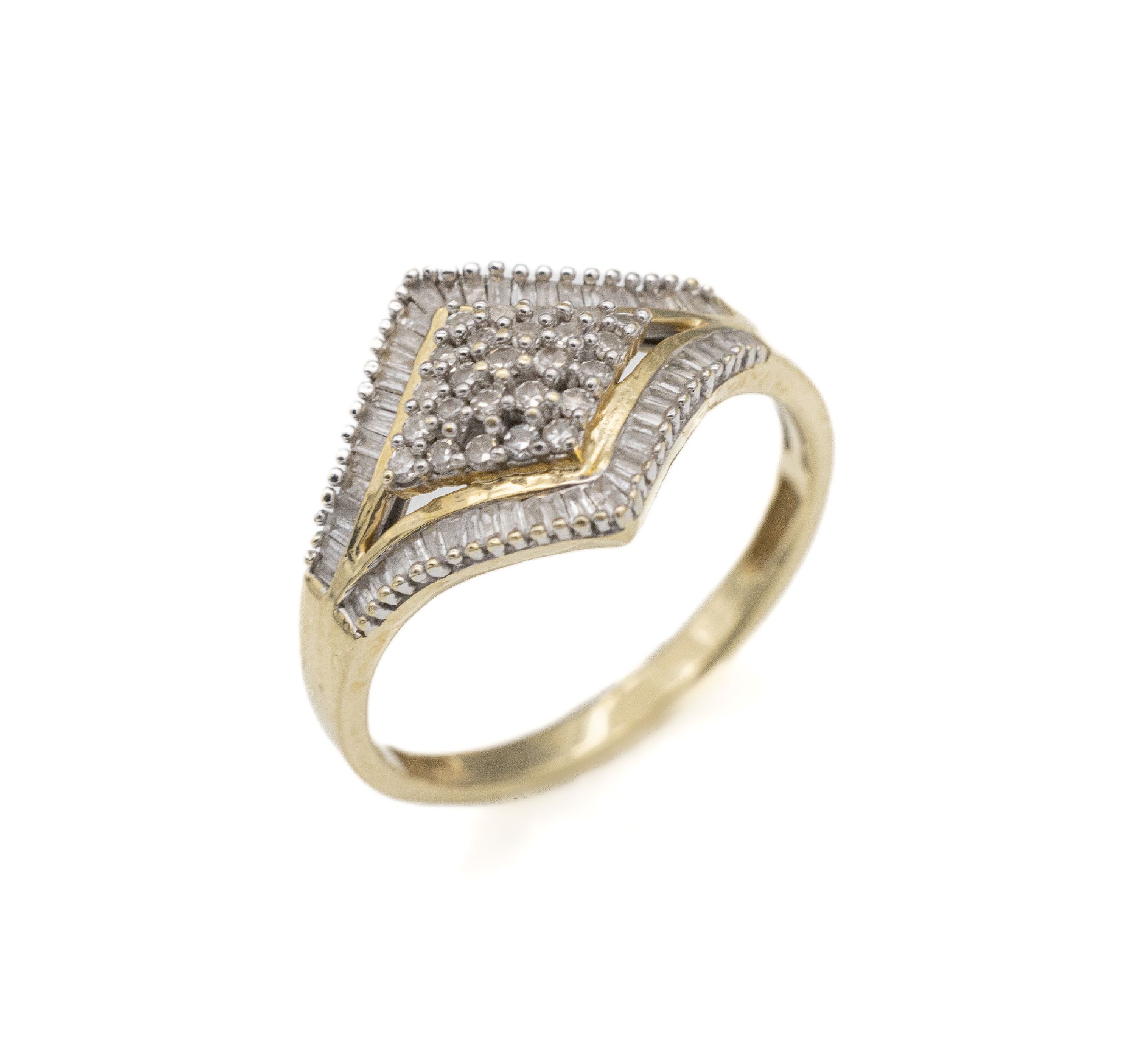 14 kt Gold Diamant-Ring, GG/WG 585/000, 53 Diamant-Baguettes und 25 8/8-Diamanten zus. ca. 1.0 ct Weiß/p, RW 57, ca. 3.2 g