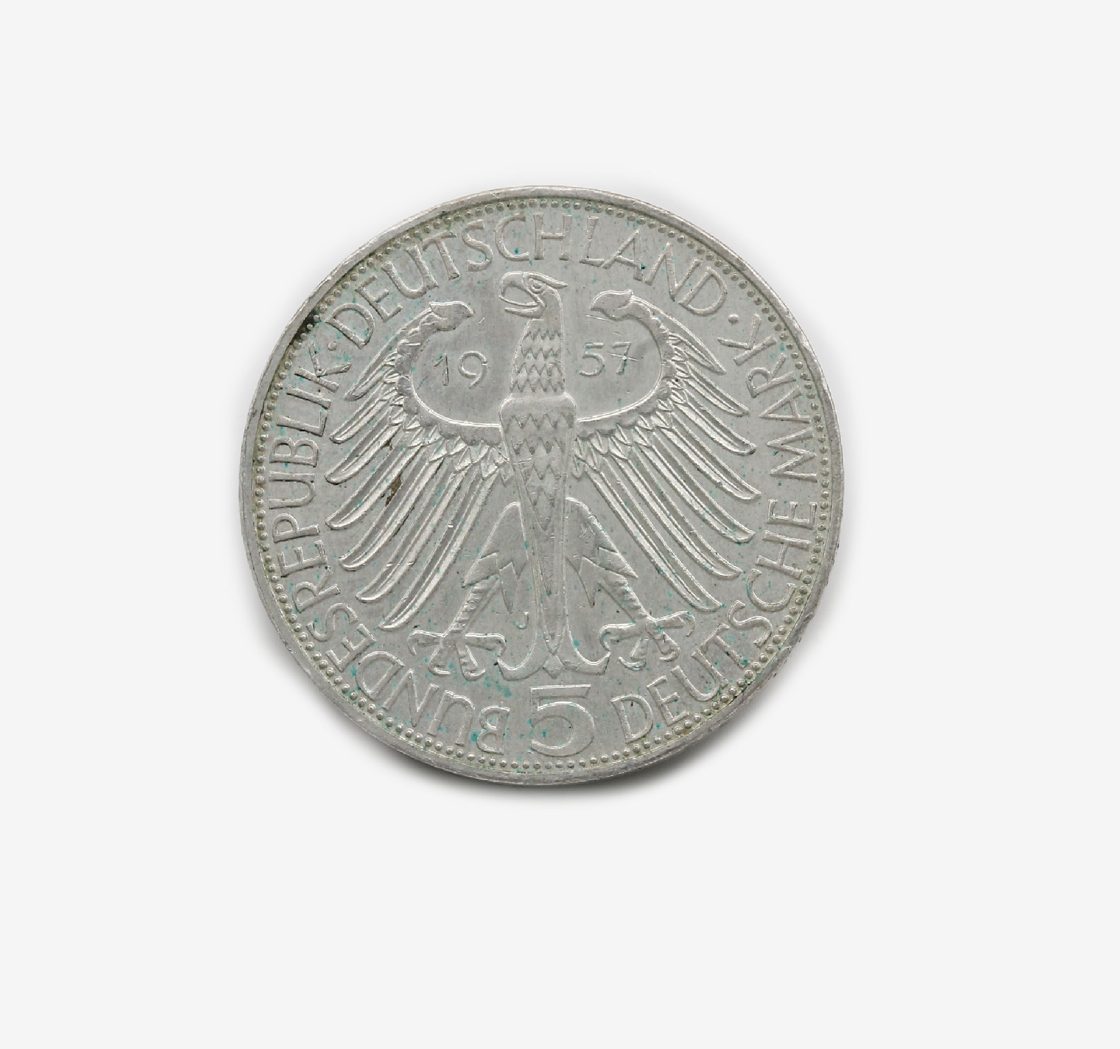 Detail a: 5 Mark Silbermünze, Deutschland 1957, Freiherr von Eichendorff, Prägemarke J