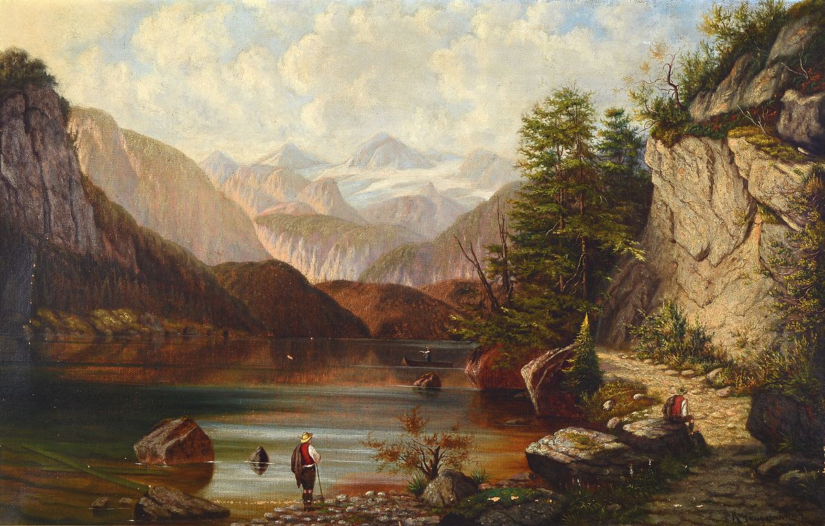 K. Gaugenmüller, Maler der Münchener Schule, 2. Hälfte 19. Jh., Alt-Ausee mit Dachstein, Landschaft mit Personenstaffage, Öl/Lwd, kleinere ...