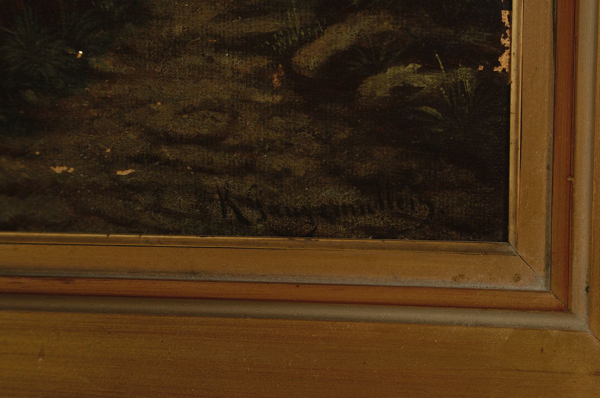 Detail a: K. Gaugenmüller, Maler der Münchener Schule, 2. Hälfte 19. Jh., Alt-Ausee mit Dachstein, Landschaft mit Personenstaffage, Öl/Lwd, kleinere ...