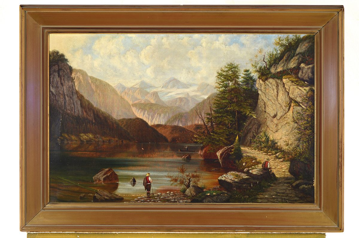 Detail k: K. Gaugenmüller, Maler der Münchener Schule, 2. Hälfte 19. Jh., Alt-Ausee mit Dachstein, Landschaft mit Personenstaffage, Öl/Lwd, kleinere ...