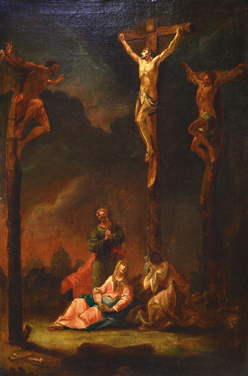 Unbekannter Künstler, süddeutsch, 2. Hälfte 19. Jh., Kreuzigungsszene mit Maria, Maria Magdalena und Johannes, Öl/Lwd, ca. 70x47cm