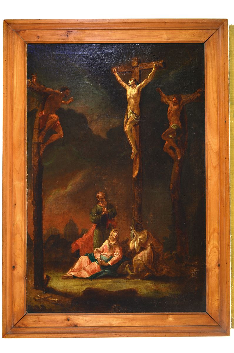 Detail k: Unbekannter Künstler, süddeutsch, 2. Hälfte 19. Jh., Kreuzigungsszene mit Maria, Maria Magdalena und Johannes, Öl/Lwd, ca. 70x47cm