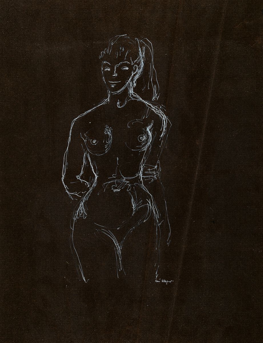 René Bolliger, 1911-1971, weiblicher Akt, weiße Gouache auf schwarzem Papier, signiert, ca. 49x37cm, u.Gl., R.