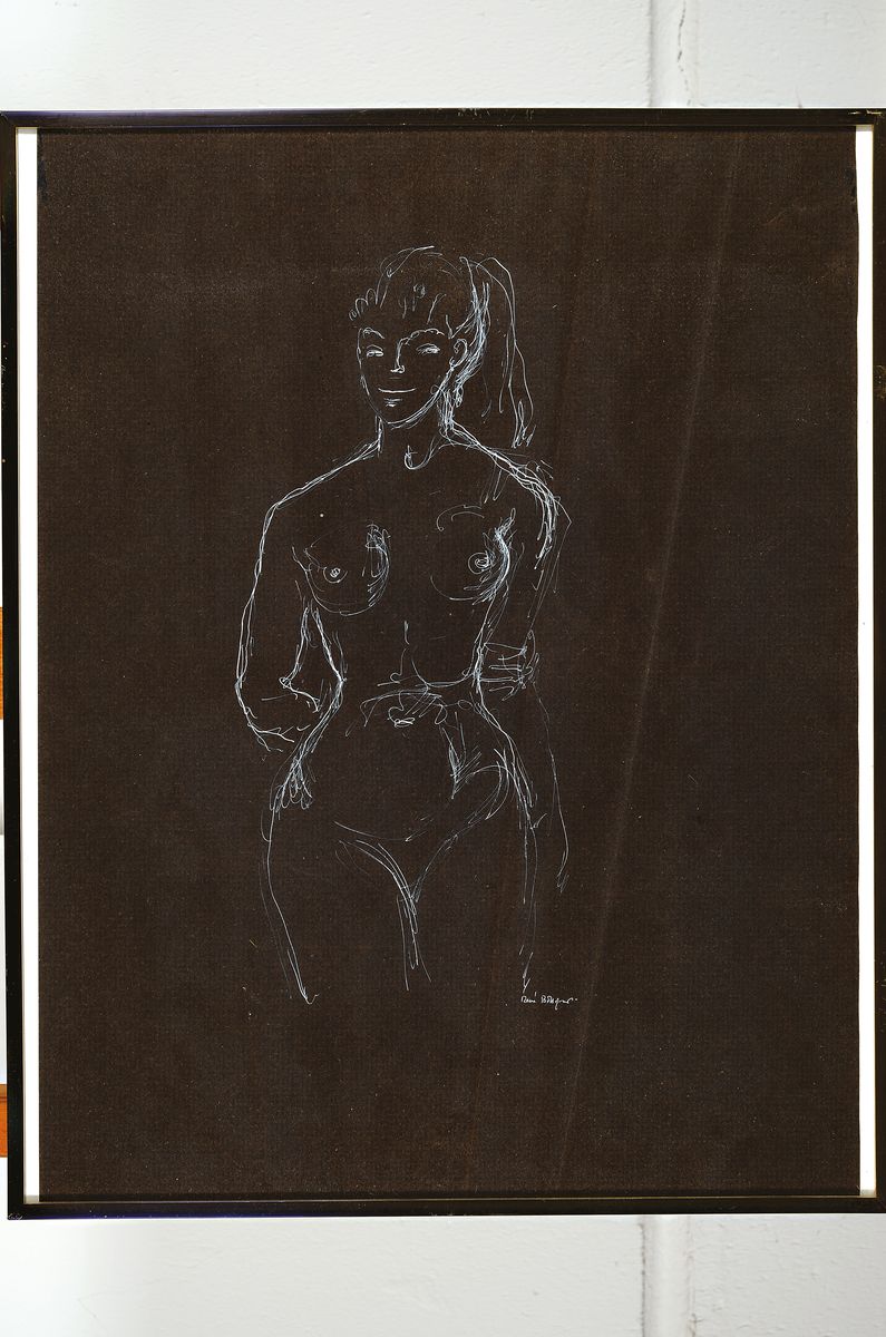 Detail k: René Bolliger, 1911-1971, weiblicher Akt, weiße Gouache auf schwarzem Papier, signiert, ca. 49x37cm, u.Gl., R.