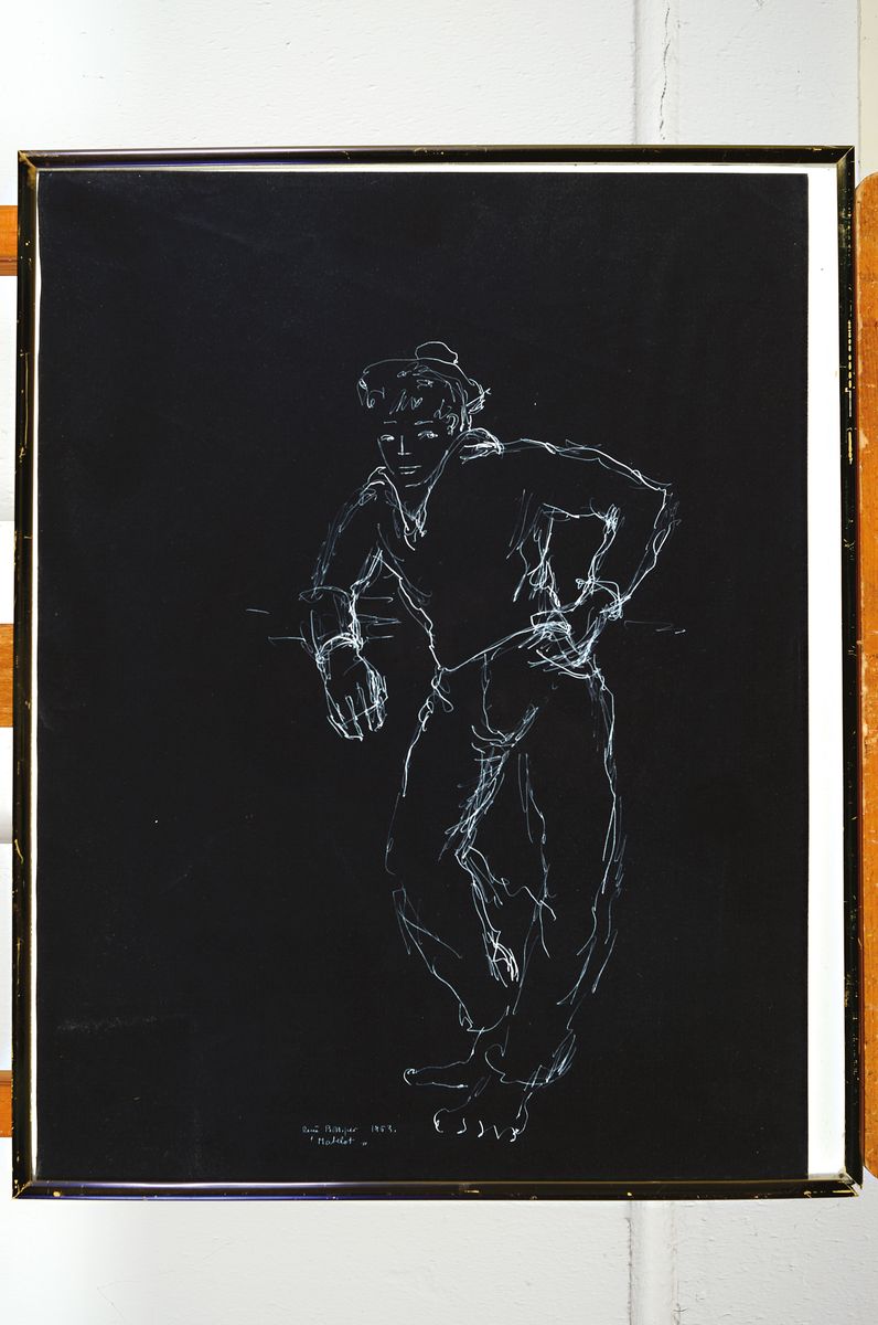 Detail k: René Bolliger, 1911-1971, "Matelot", weiße Gouache auf schwarzem Papier, sign. und dat. 1953, rückseitig Mann und Pferd, ca. 49x37cm