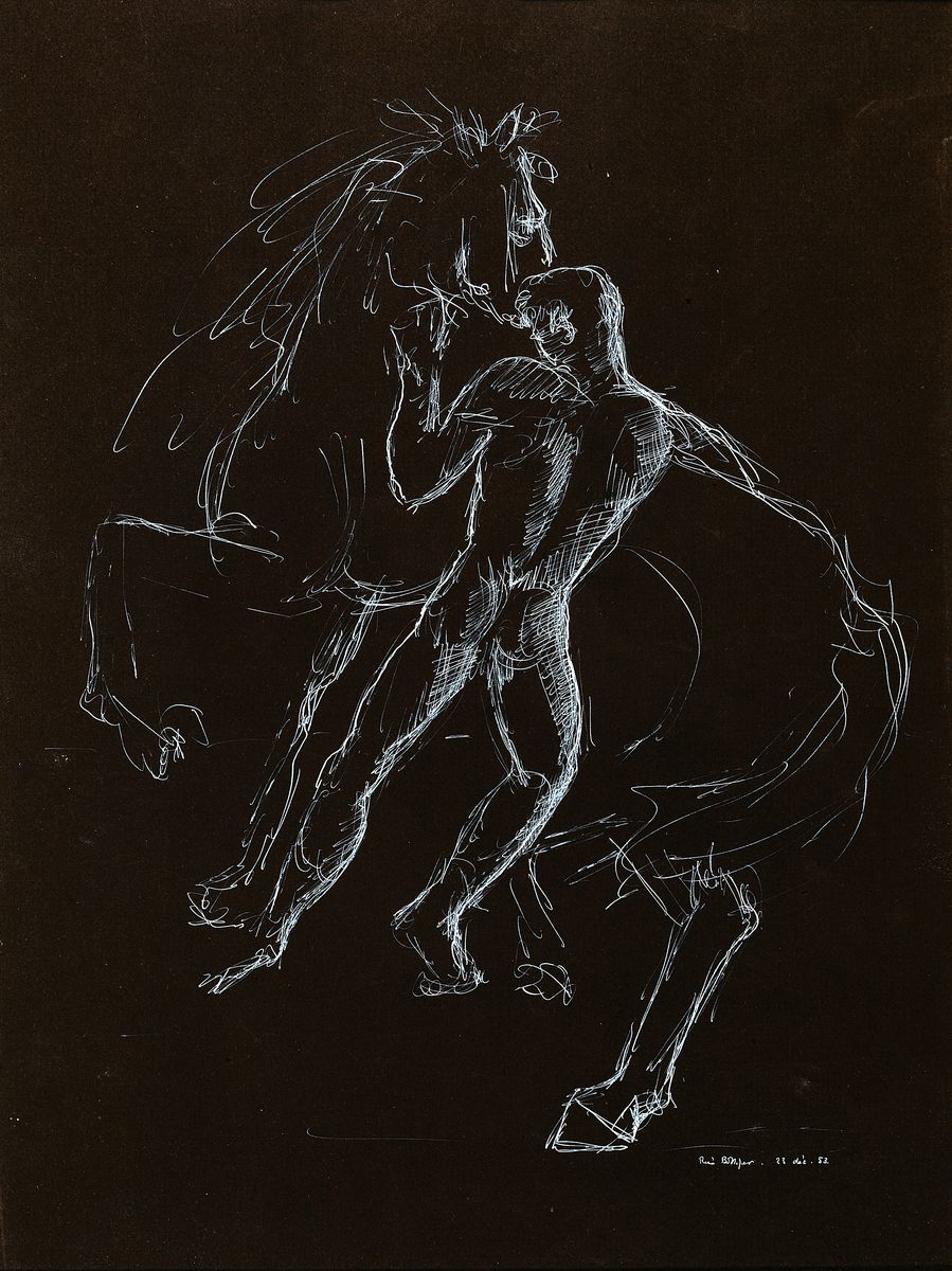 René Bolliger, 1911-1971, Mann und Pferd, weiße Gouache auf schwarzem Papier, sign. und dat. 1953, ca. 49x37cm