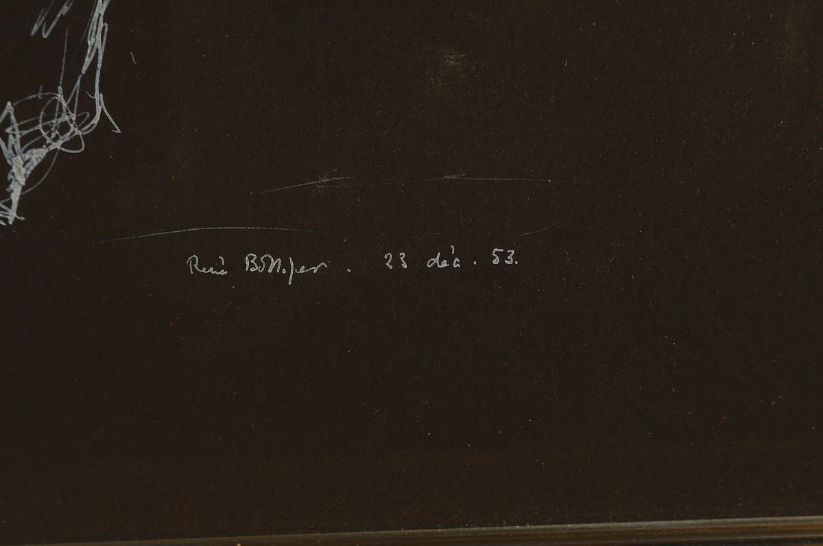 Detail a: René Bolliger, 1911-1971, Mann und Pferd, weiße Gouache auf schwarzem Papier, sign. und dat. 1953, ca. 49x37cm
