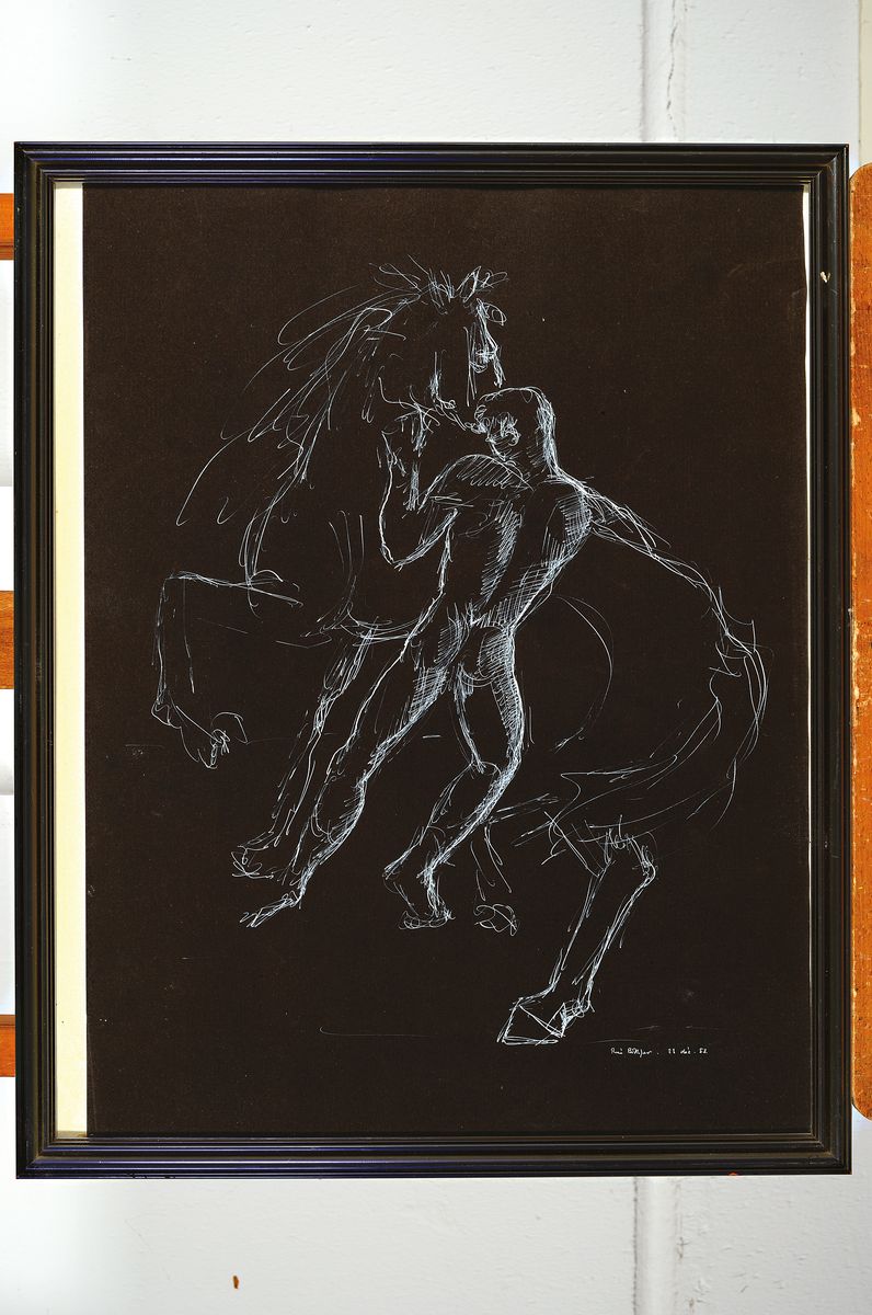 Detail k: René Bolliger, 1911-1971, Mann und Pferd, weiße Gouache auf schwarzem Papier, sign. und dat. 1953, ca. 49x37cm