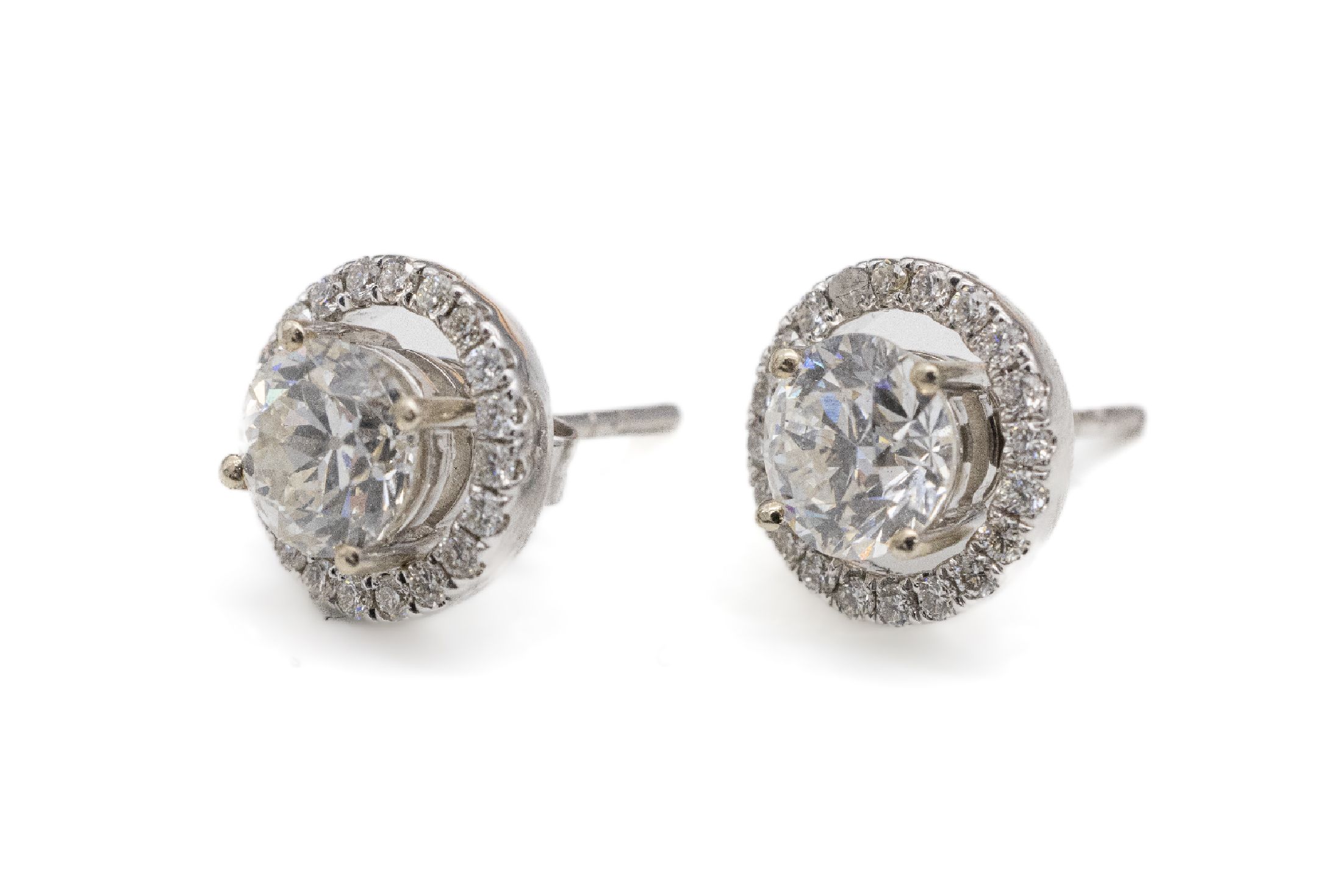 Paar 14 kt Gold Diamant-Ohrstecker, WG 585/000, 1 Brillant und 1 Altschliffdiamant zus. ca. 1.75 ct Weiß/vs-si, abnehmbarer Brillantkranz mit 38 ...
