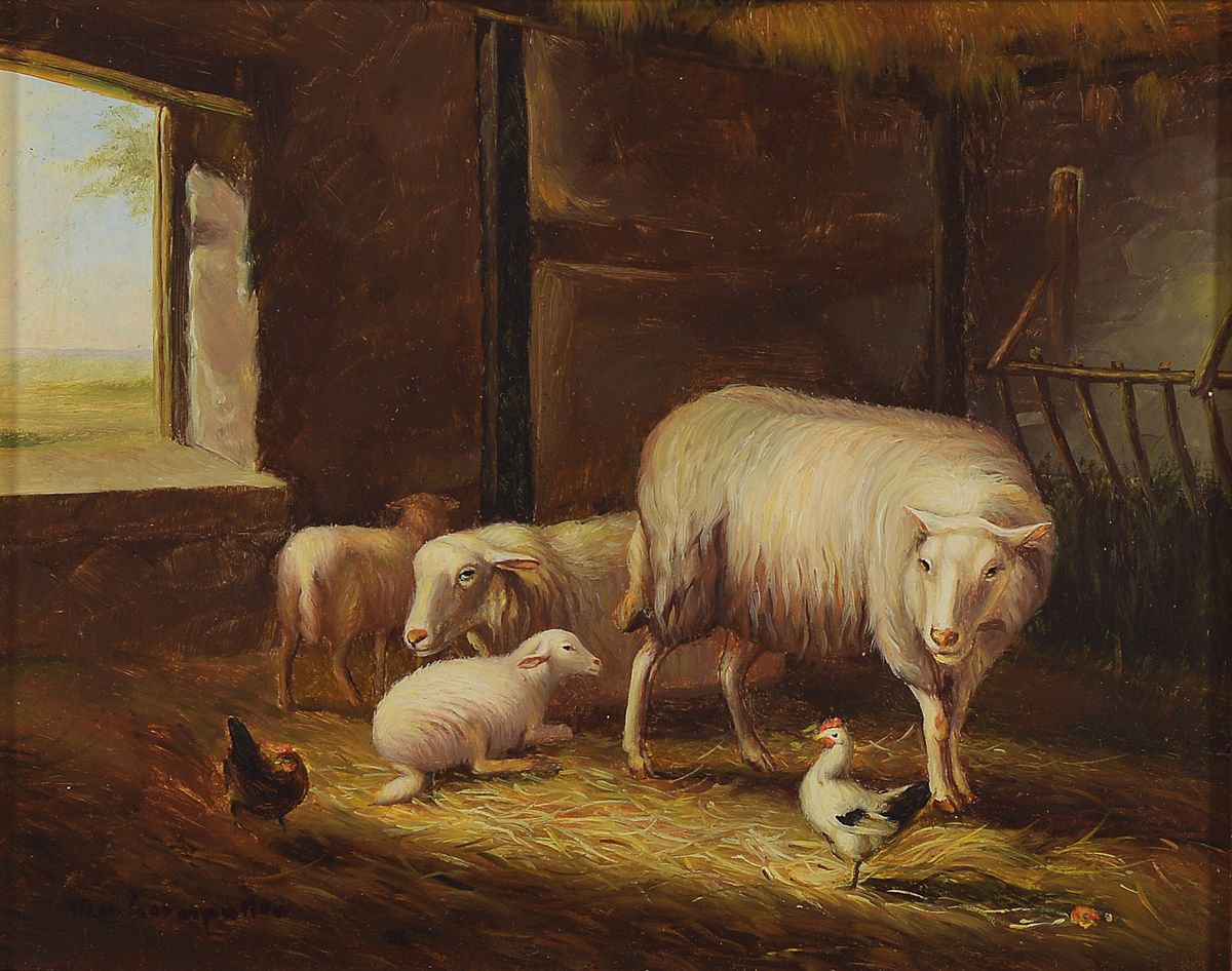 M. van Leemputten, belgischer Maler des 20. Jh., 2 Pendants mit Stallszenen, Öl/Holz, sign., je ca. 20x25cm, R. ca. 35x40cm