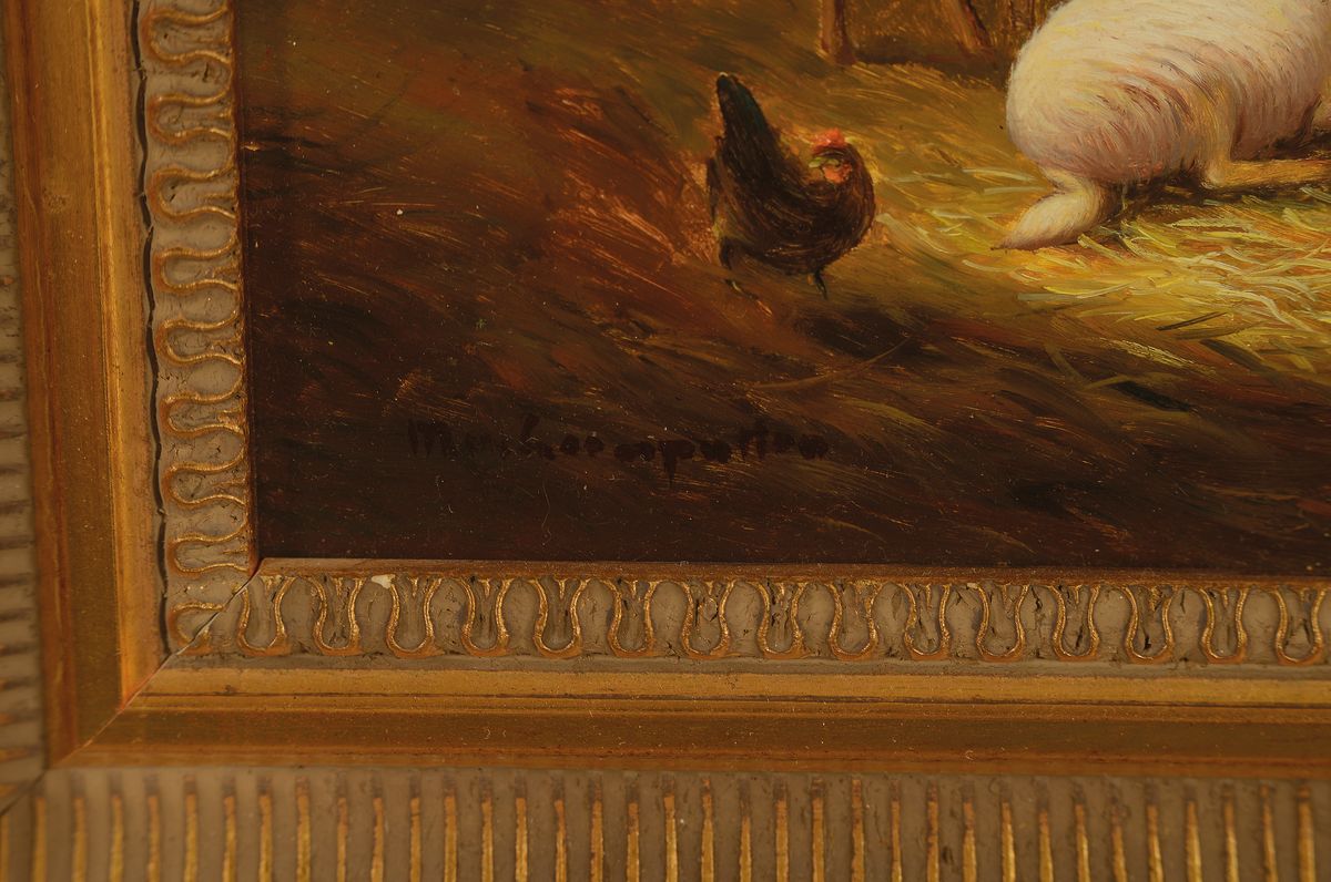 Detail b: M. van Leemputten, belgischer Maler des 20. Jh., 2 Pendants mit Stallszenen, Öl/Holz, sign., je ca. 20x25cm, R. ca. 35x40cm