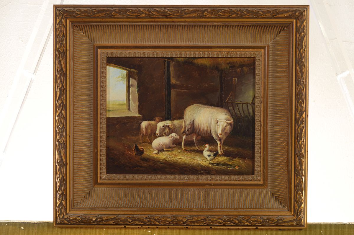 Detail k: M. van Leemputten, belgischer Maler des 20. Jh., 2 Pendants mit Stallszenen, Öl/Holz, sign., je ca. 20x25cm, R. ca. 35x40cm