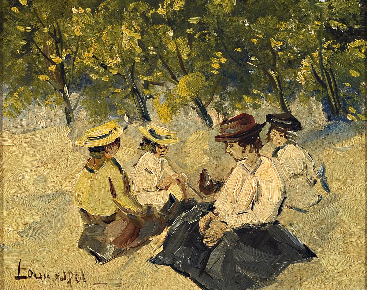 Louis van der Pol, 1915 Amsterdam-1986 Abcoude, Junge Frauen beim Picknick, Öl/Holz, signiert, ca. 24x30cm, R. ca. 38x 43cm