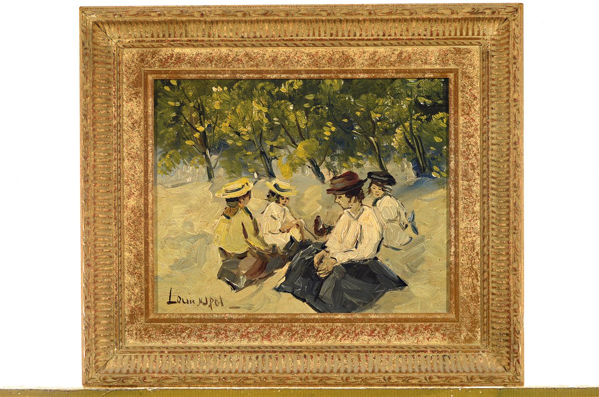 Detail k: Louis van der Pol, 1915 Amsterdam-1986 Abcoude, Junge Frauen beim Picknick, Öl/Holz, signiert, ca. 24x30cm, R. ca. 38x 43cm