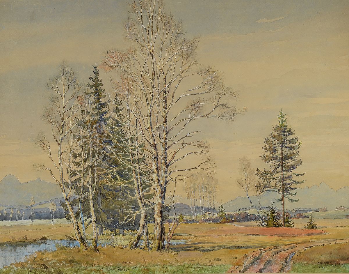 Max Märtens, 1887 Braunschweig-1970 Gstadt am Chiemsee, Bayrische Voralpenlandschaft, Aquarell auf Malkarton, rechts unten signiert, ca. 58x75cm, R. ...