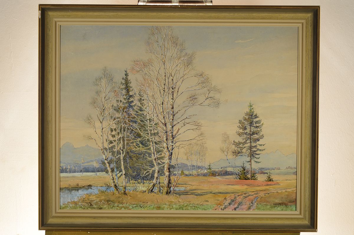 Detail k: Max Märtens, 1887 Braunschweig-1970 Gstadt am Chiemsee, Bayrische Voralpenlandschaft, Aquarell auf Malkarton, rechts unten signiert, ca. 58x75cm, R. ...