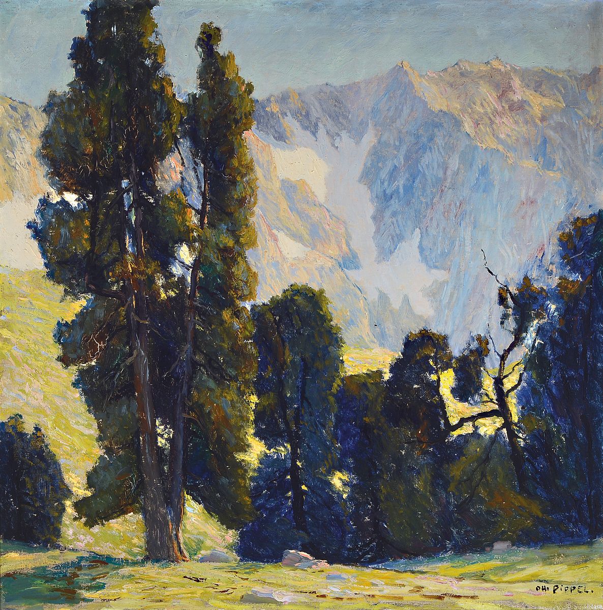 Otto Pippel, 1878 Lodz-1960 Planegg, Studium an den Akademien Straßburg, Karlsruhe und Dresden, hier: Ansicht aus dem Wettersteingebirge, Öl/Lwd, ...