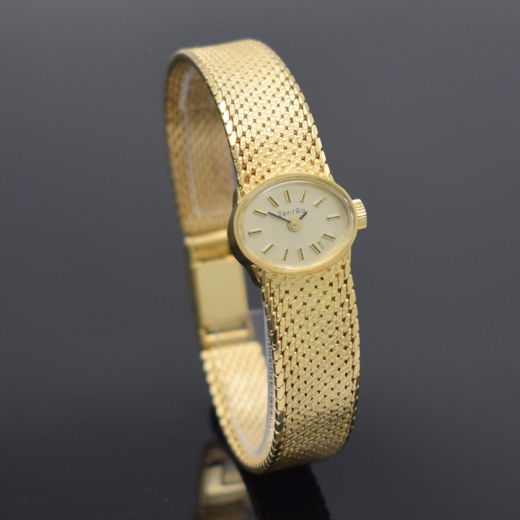 Detail b: ZENTRA Damenarmbanduhr in GG 585/000, Handaufzug, Schweiz um 1965, Boden aufgedr., silb. Zifferbl. m. aufgel. Indizes altersbed. fl., Anz. v. Std. & ...