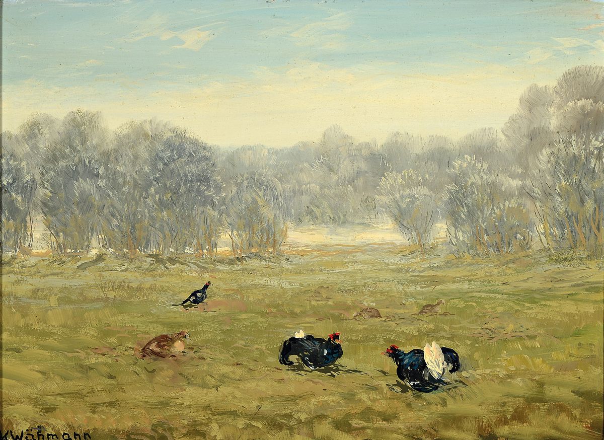 Karl Wähmann, 1897 Finkenstein-1981 Wasserburg, Birkhühner in Moorlandschaft, links unten signiert, Öl/Platte, Rahmen, 46x59 cm