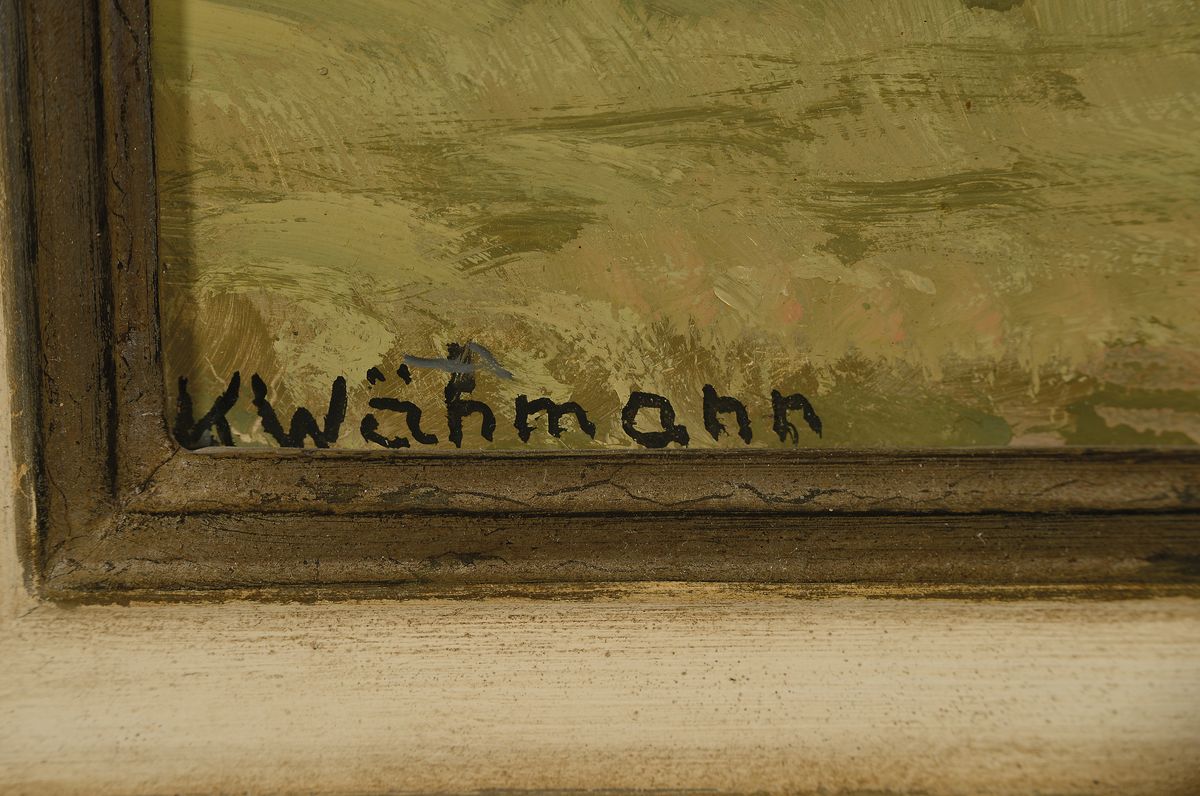 Detail a: Karl Wähmann, 1897 Finkenstein-1981 Wasserburg, Birkhühner in Moorlandschaft, links unten signiert, Öl/Platte, Rahmen, 46x59 cm