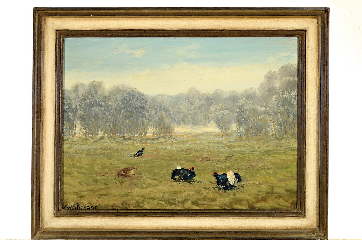 Detail k: Karl Wähmann, 1897 Finkenstein-1981 Wasserburg, Birkhühner in Moorlandschaft, links unten signiert, Öl/Platte, Rahmen, 46x59 cm