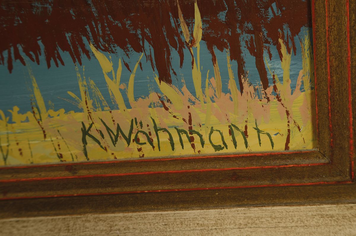 Detail a: Karl Wähmann, 1897 Finkenstein-1981 Wasserburg, weite Moorlandschaft mit einsamer Kate, rechts unten signiert, Öl/Platte, Rahmen, 48x82cm/60x79cm