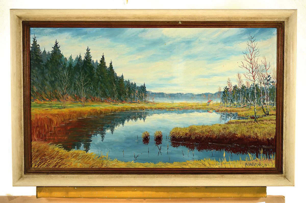 Detail k: Karl Wähmann, 1897 Finkenstein-1981 Wasserburg, weite Moorlandschaft mit einsamer Kate, rechts unten signiert, Öl/Platte, Rahmen, 48x82cm/60x79cm