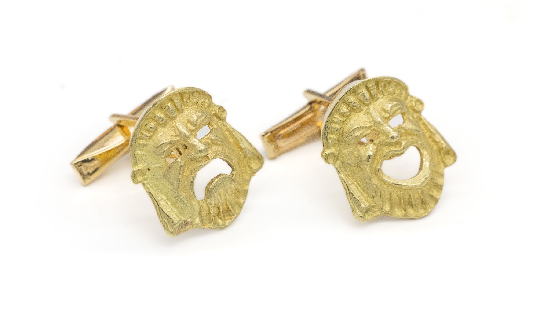 Detail a: Paar 14 kt Gold Manschettenknöpfe "Masken", GG 585/000, Darstellung zweier Masken, Komödieund Tragödie, ca. 10.3 g