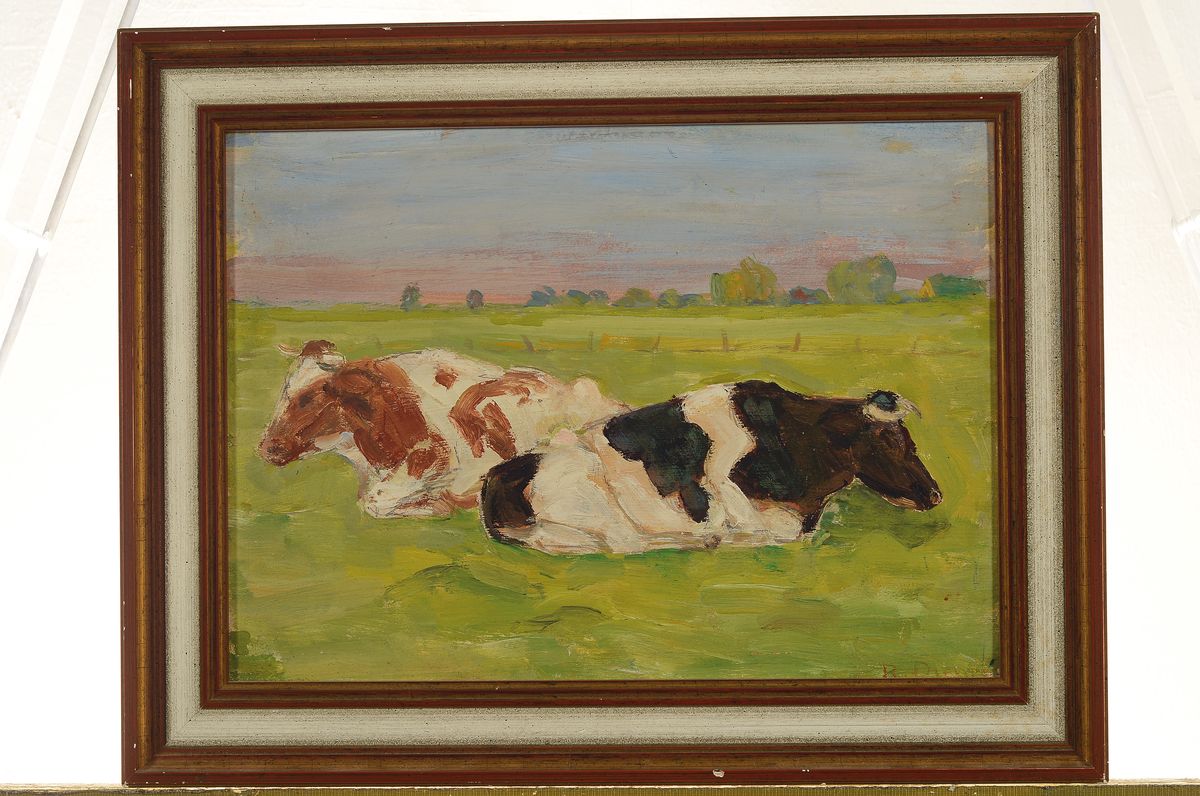 Detail k: Rolf Diener, 1906 Gößnitz-1988 Hamburg, hier: Kühe auf der Weide, Öl/Platte, rechts unten signiert, ca. 24x33cm/32x41cm, Rahmen