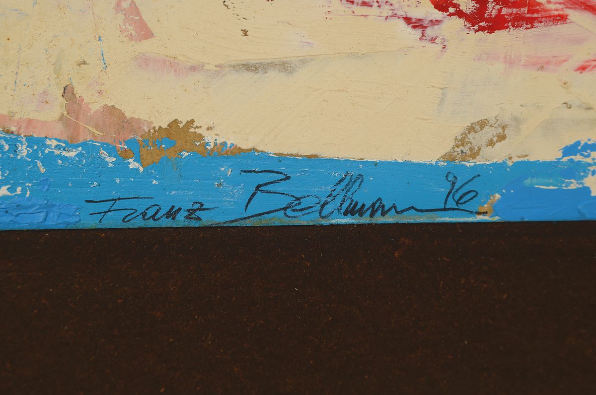 Detail a: Franz Bellmann, geb. 1946 Haidl/Böhmen, zeitgenössischer Maler in Mannheim, hier: abstrakte Komposition,Öl/Platte, links unten signiert, ...