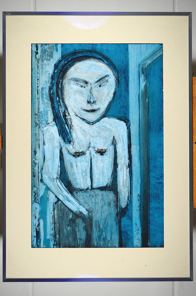 Detail k: Franz Bellmann, geb. 1946 Haidl/Böhmen, zeitgenössischer Maler in Mannheim, hier: Mädchen am Fenster, Öl/Papier, rechts unten signiert und ...