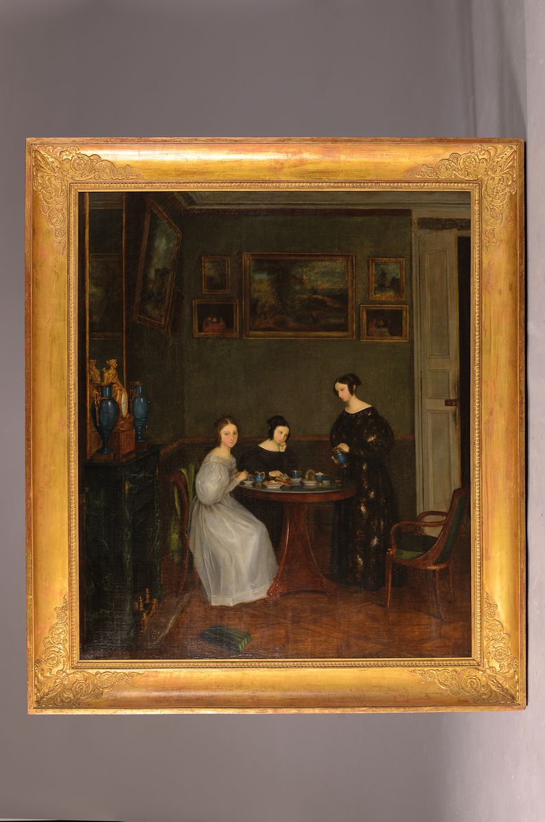 Detail k: Monogrammist EM, datiert 1835, Interieur mit drei Damen beim Tee trinken, im Hintergrund Wand mit Ölgemälden, feines Inkarnat, hohe Stofflichkeit ...