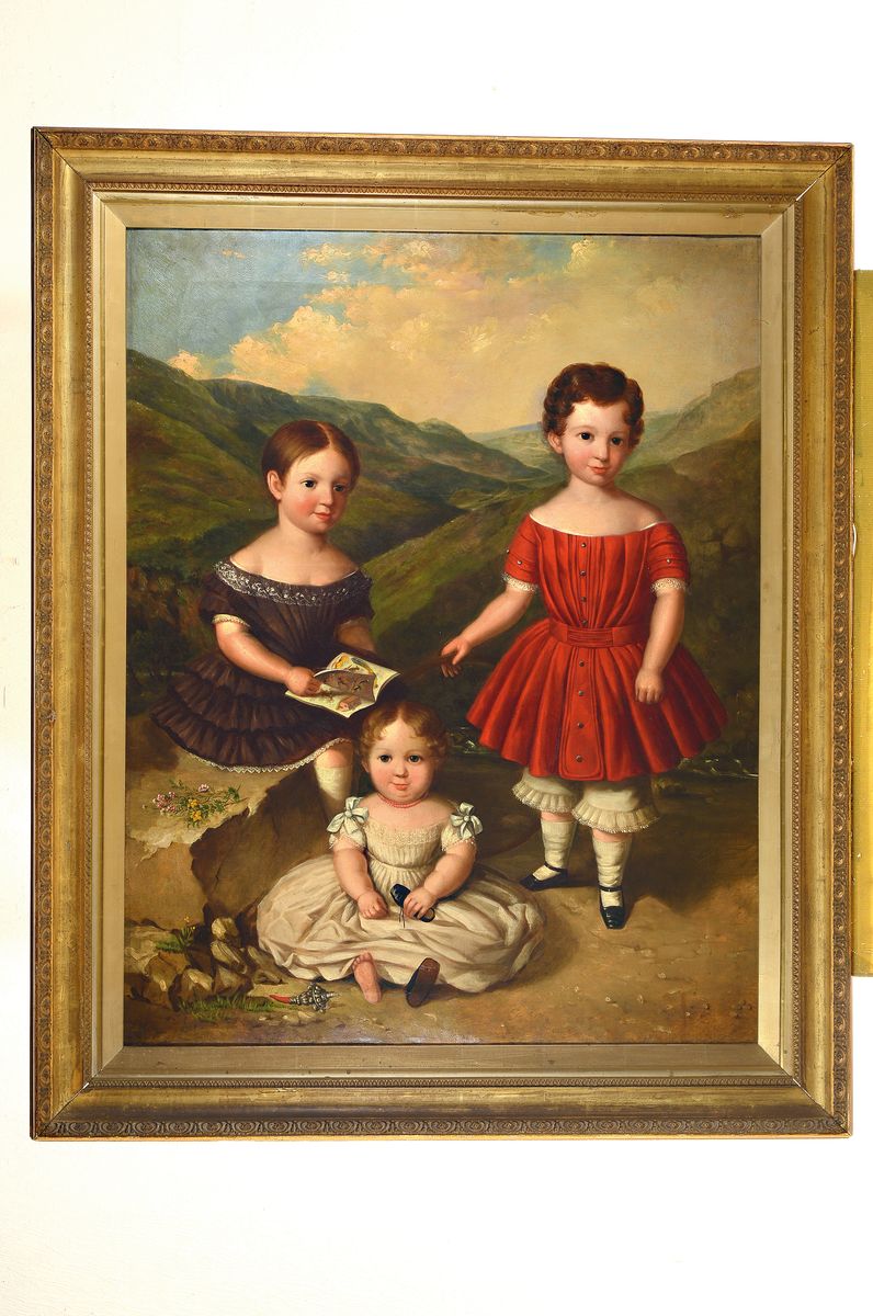 Detail k: Unbekannter Künstler der englischen Schule, frühes 19. Jh., Biedermeierporträt von drei Kindern in hügelige Landschaft (wohl schottisches ...